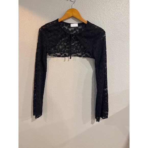 Isalis Black Lace Long Sleeve Crop Top With Floral Design & Tie Front Goth - Picture 1 of 6